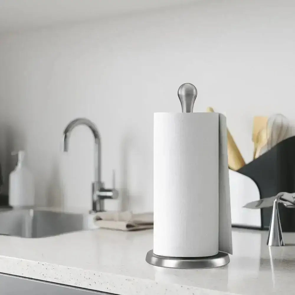 Paper towel holder with a roll of paper towels on a kitchen counter.