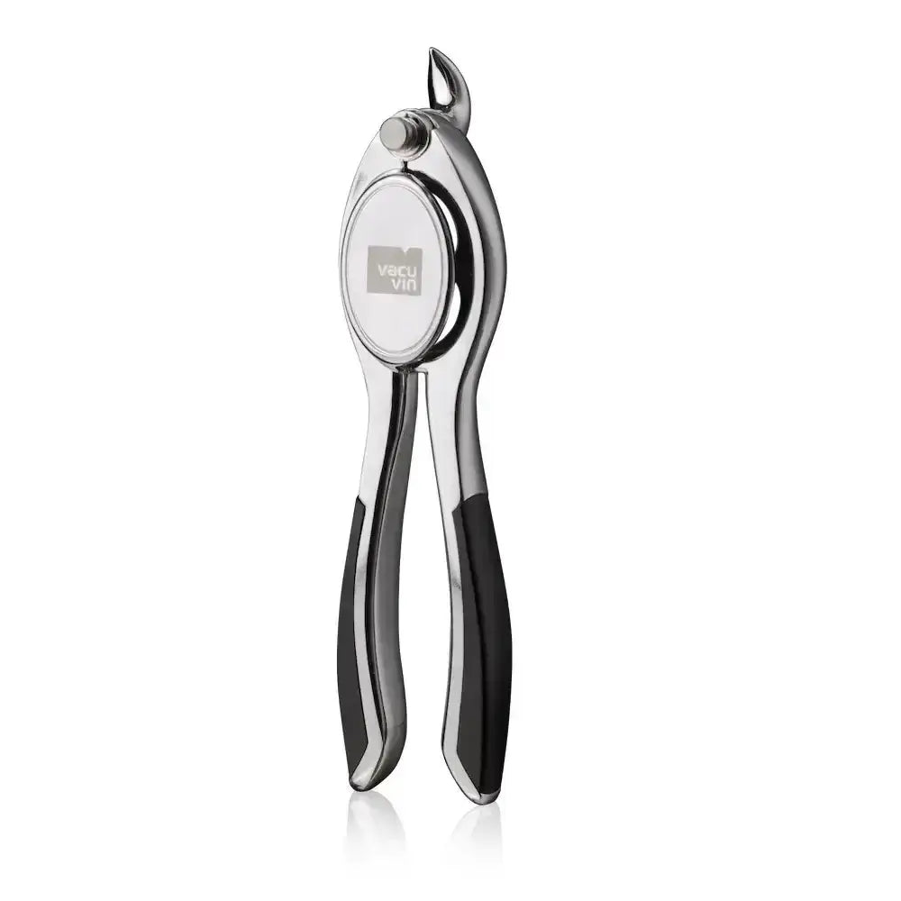 Silver champagne opener with black handles on a white background
