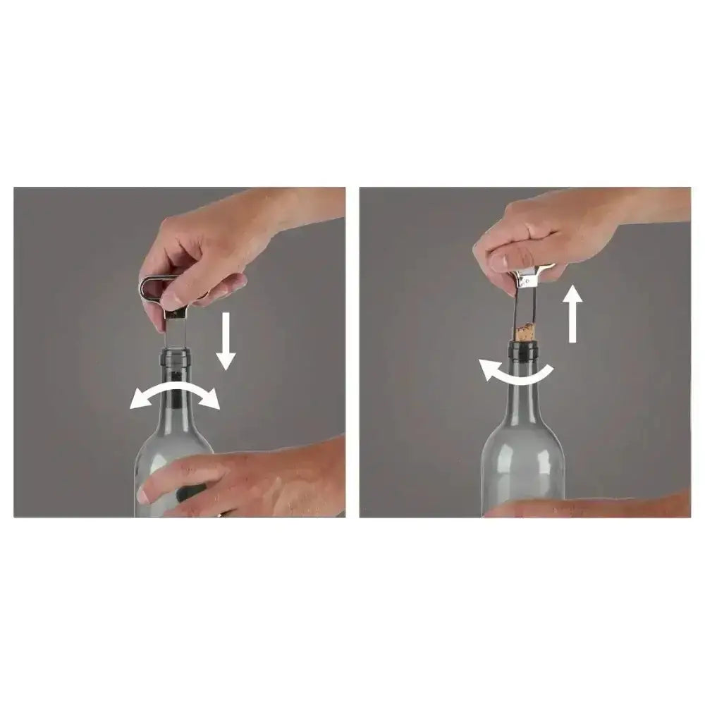 Two-step process of using a bottle opener on a bottle with arrows indicating the action.
