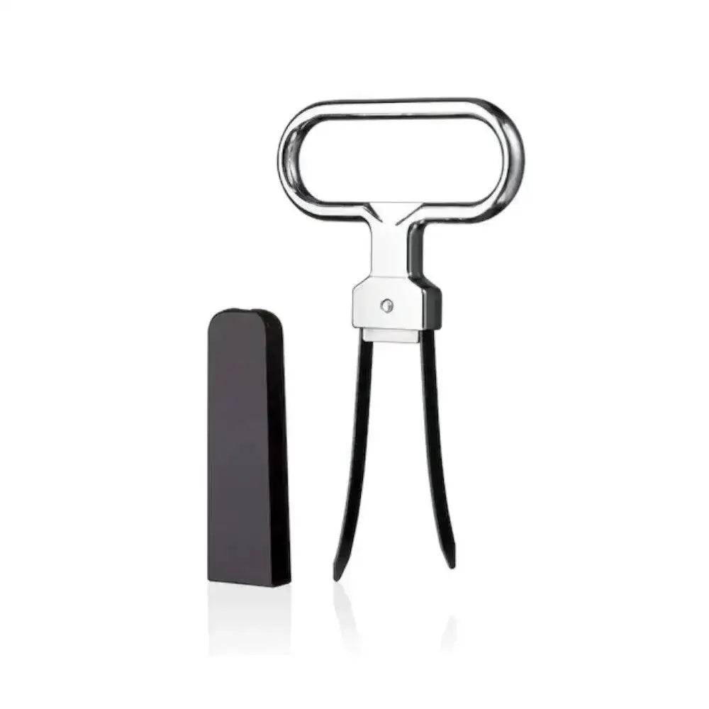 Metallic wine bottle opener with black carrying case on a white background