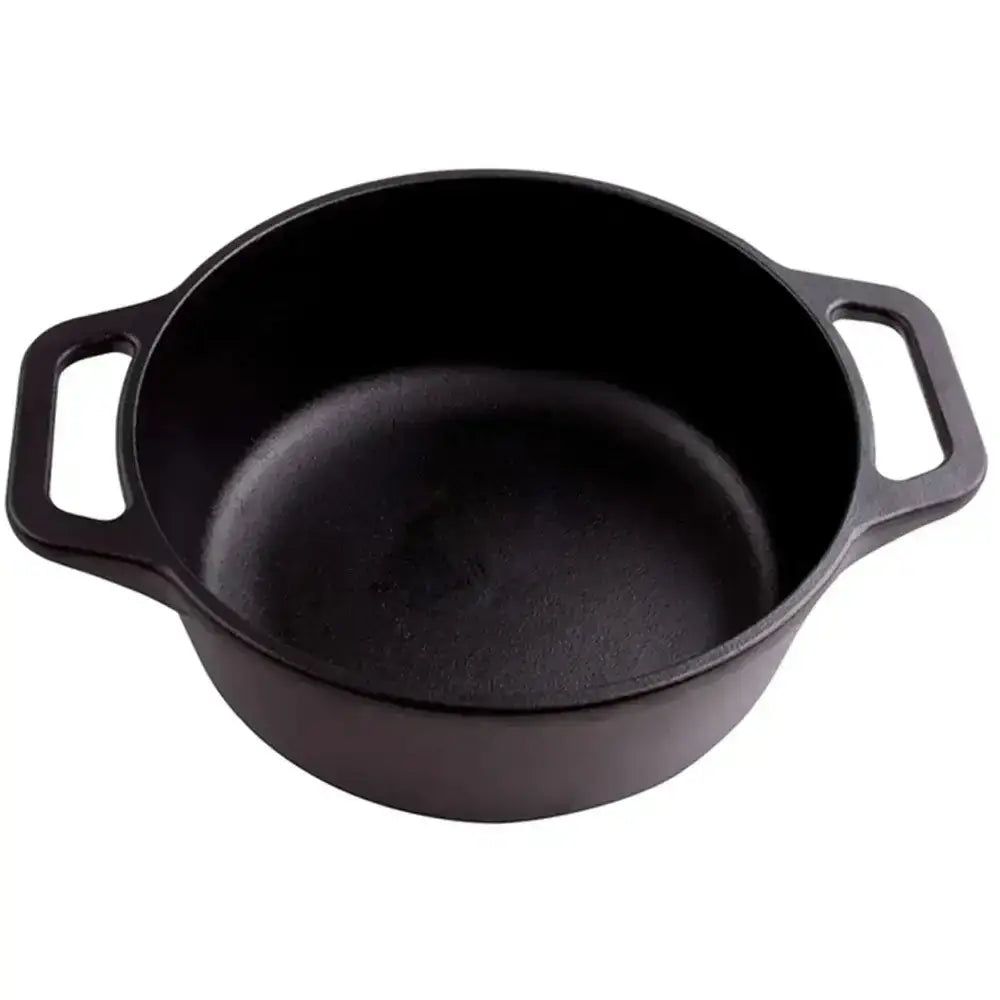 Black cast iron pot with handles on a white background