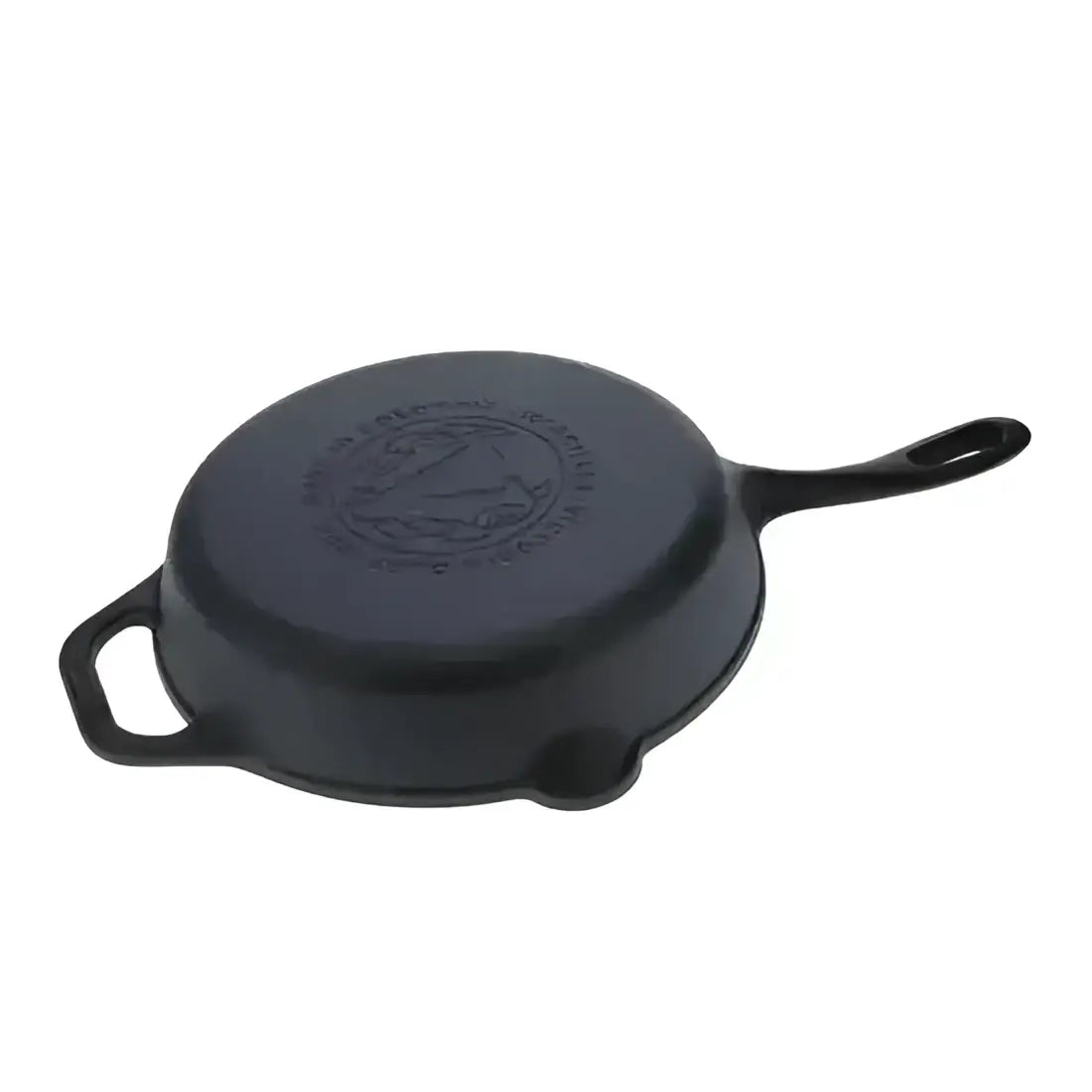 Black cast iron skillet with handle on a white background