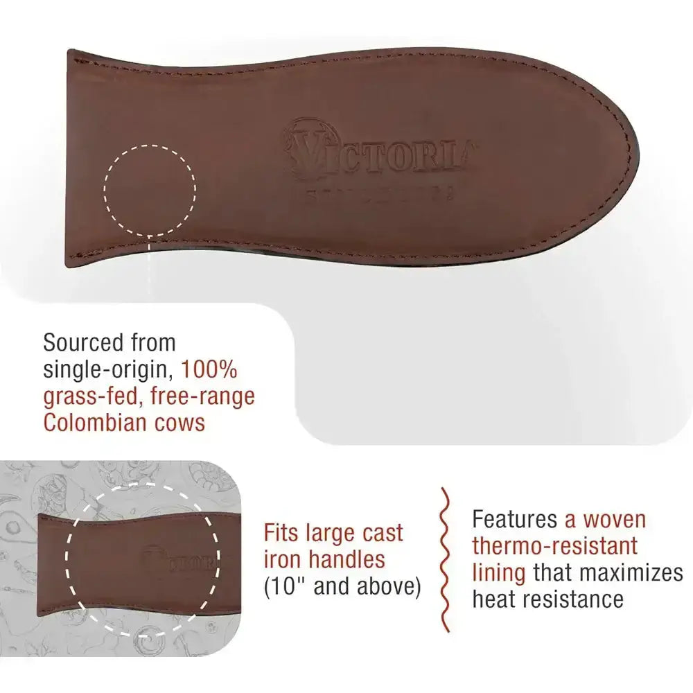 Brown leather handle guard with Victoria brand logo on a white background