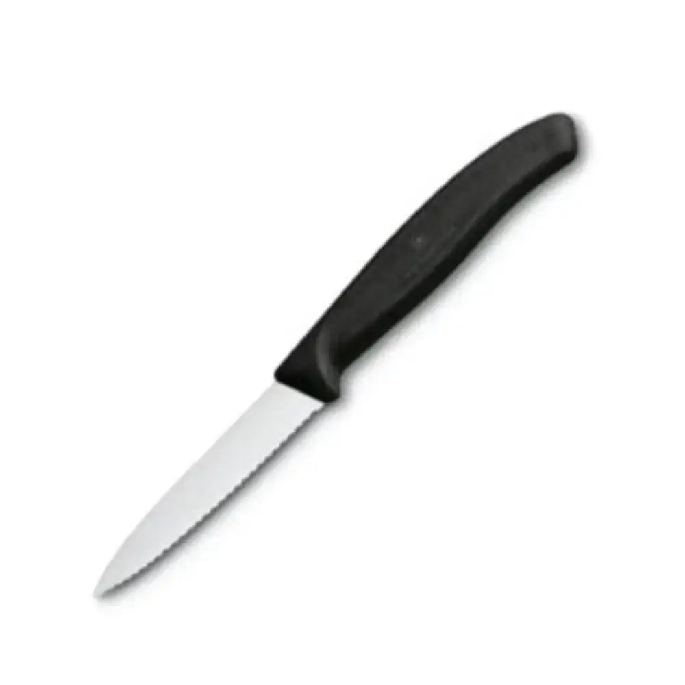 Paring knife with black handle on a white background