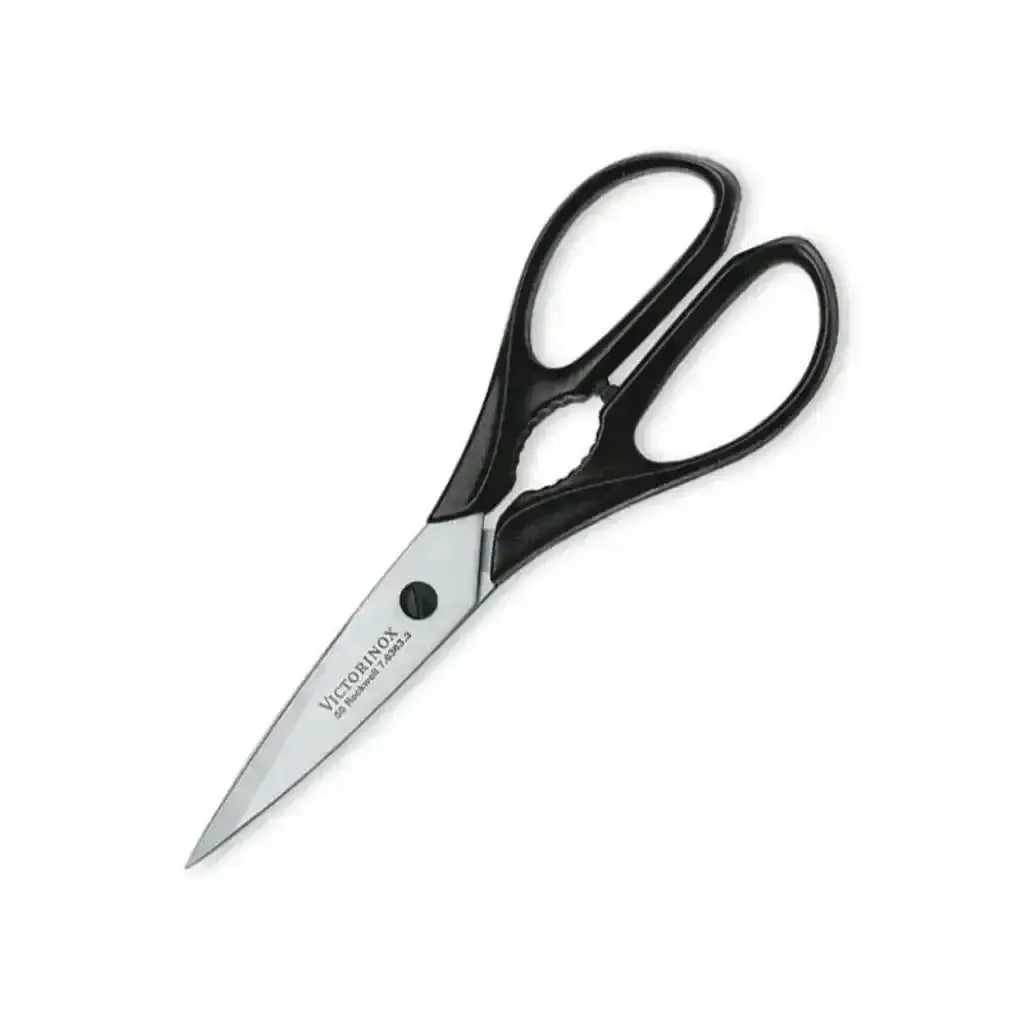 Black-handled scissors with visible brand name on a white background