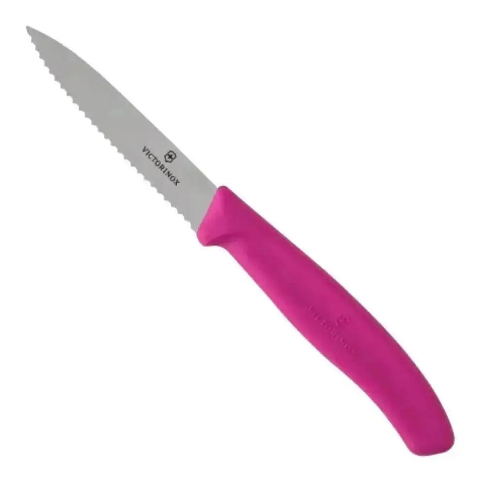 Pink Victorinox knife with a serrated blade on a white background