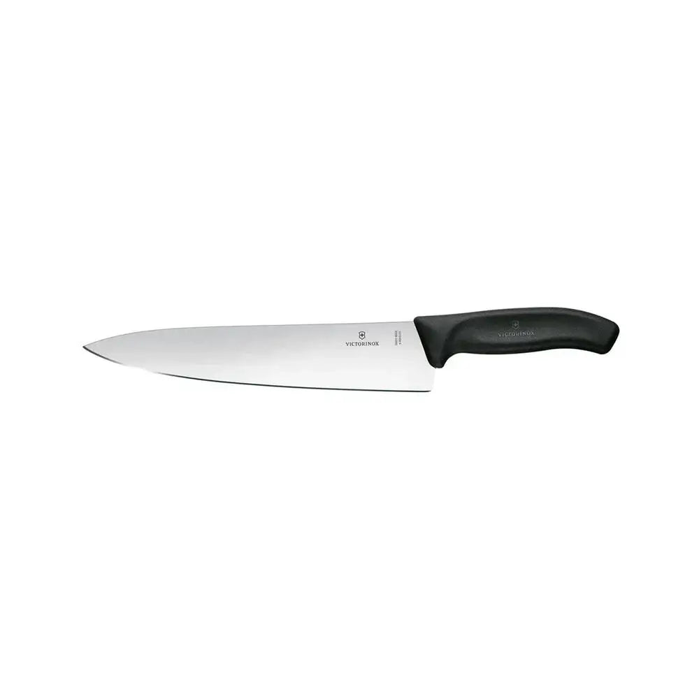 Chef's knife with black handle on a white background
