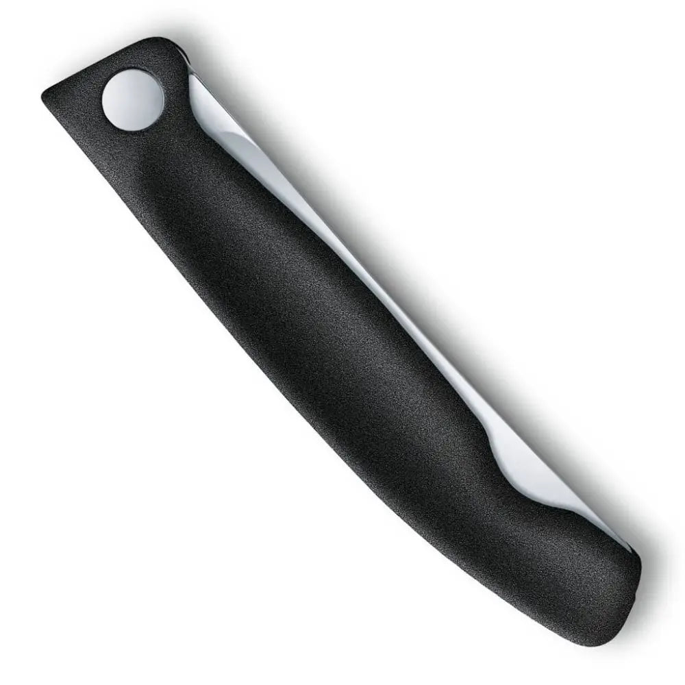 Black handle with a white circular feature on a white background