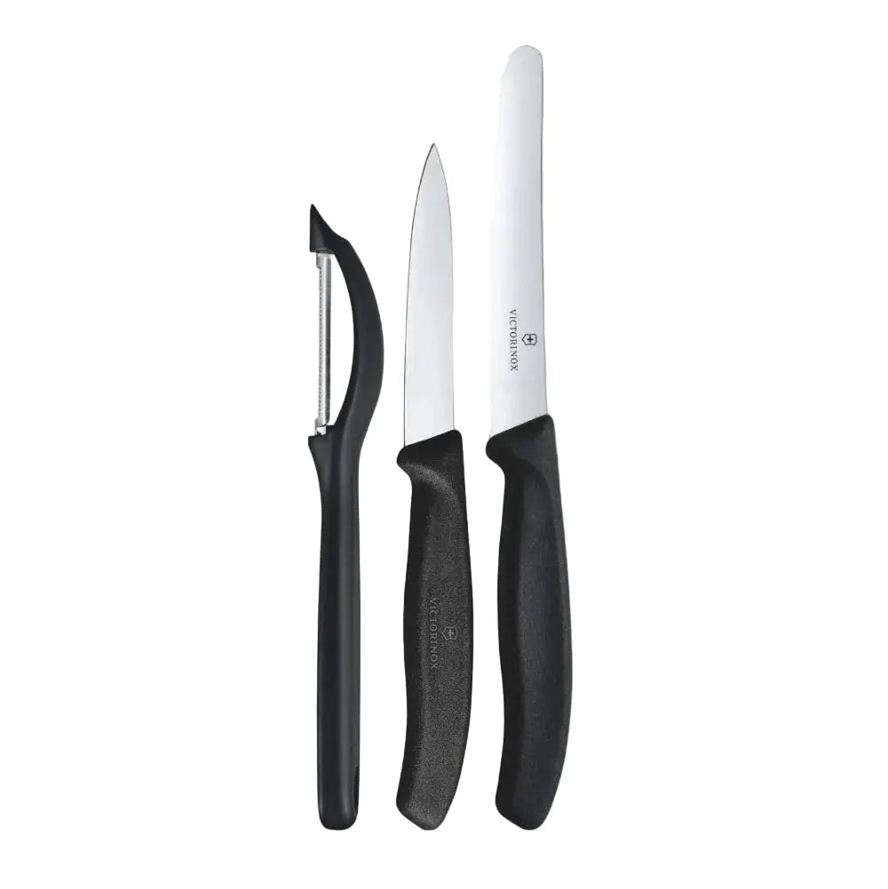 Set of three knives with black handles on a white background