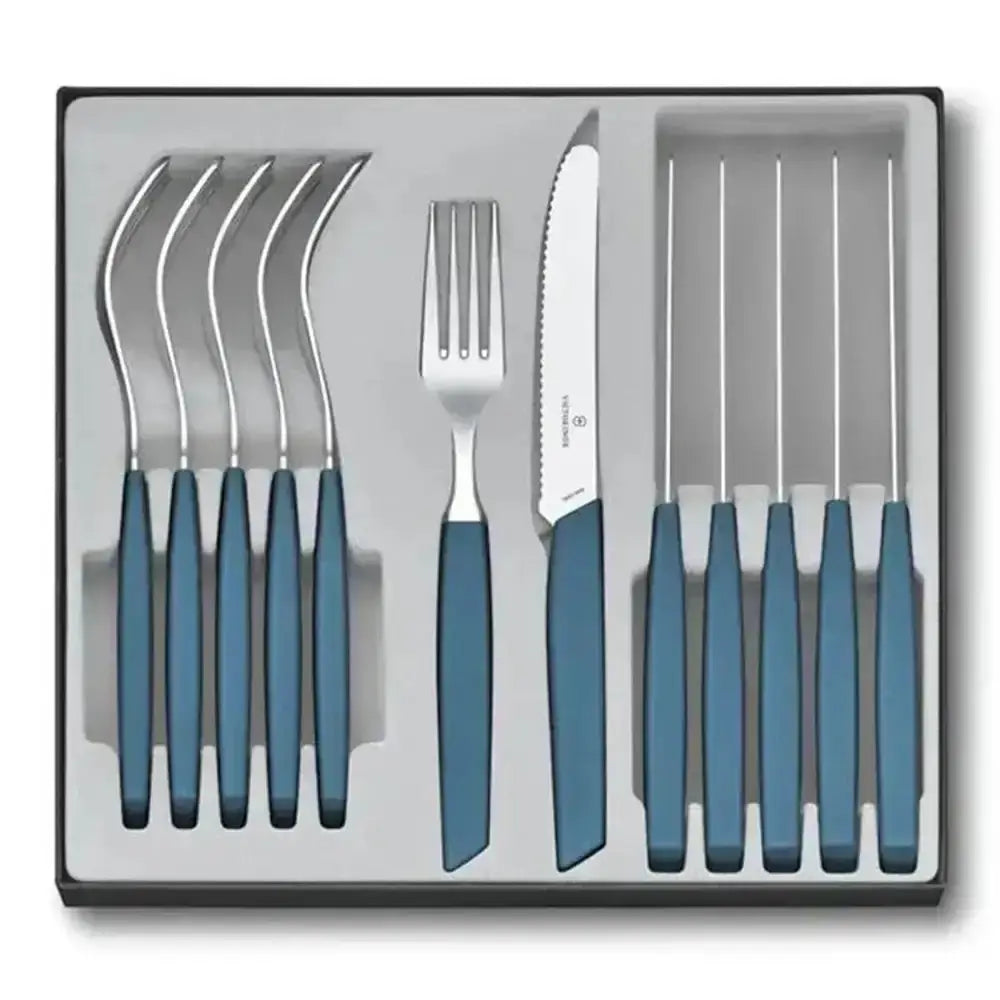Set of silver cutlery with blue handles in a box