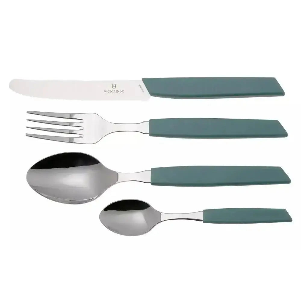 Set of silverware with teal handles on a white background
