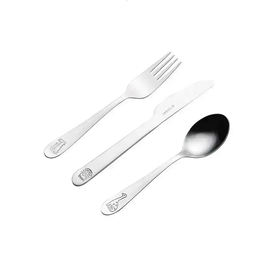 Kids stainless steel cutlery set with dinosaur engravings, fork, knife, and spoon