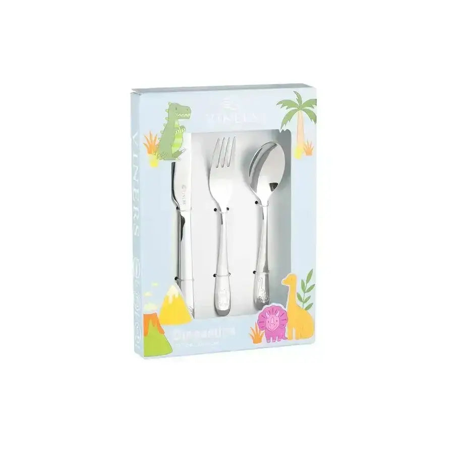 Children's dinosaur cutlery set with knife, fork, and spoon in themed gift box