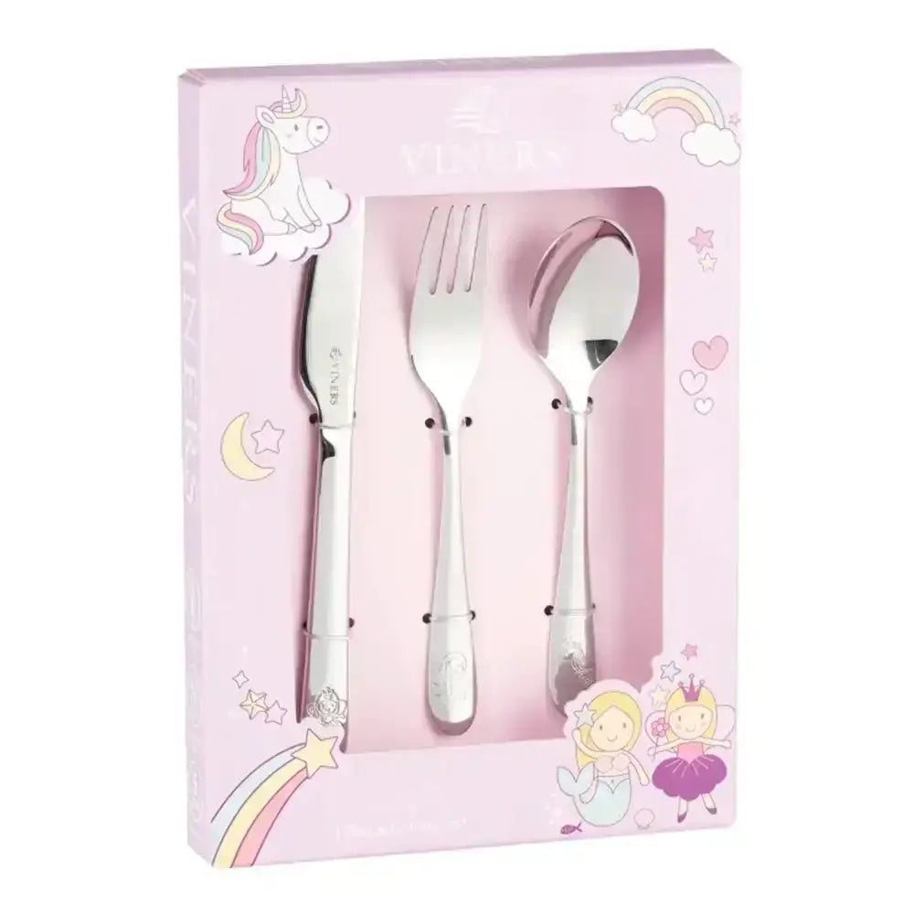 Children's cutlery set with unicorn and fairy themed pink packaging, includes knife, fork, spoon
