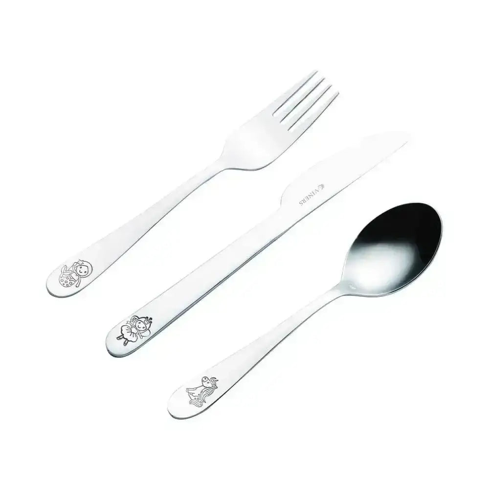Children's stainless steel cutlery set with engraved fairy tale designs, includes fork, knife, and spoon
