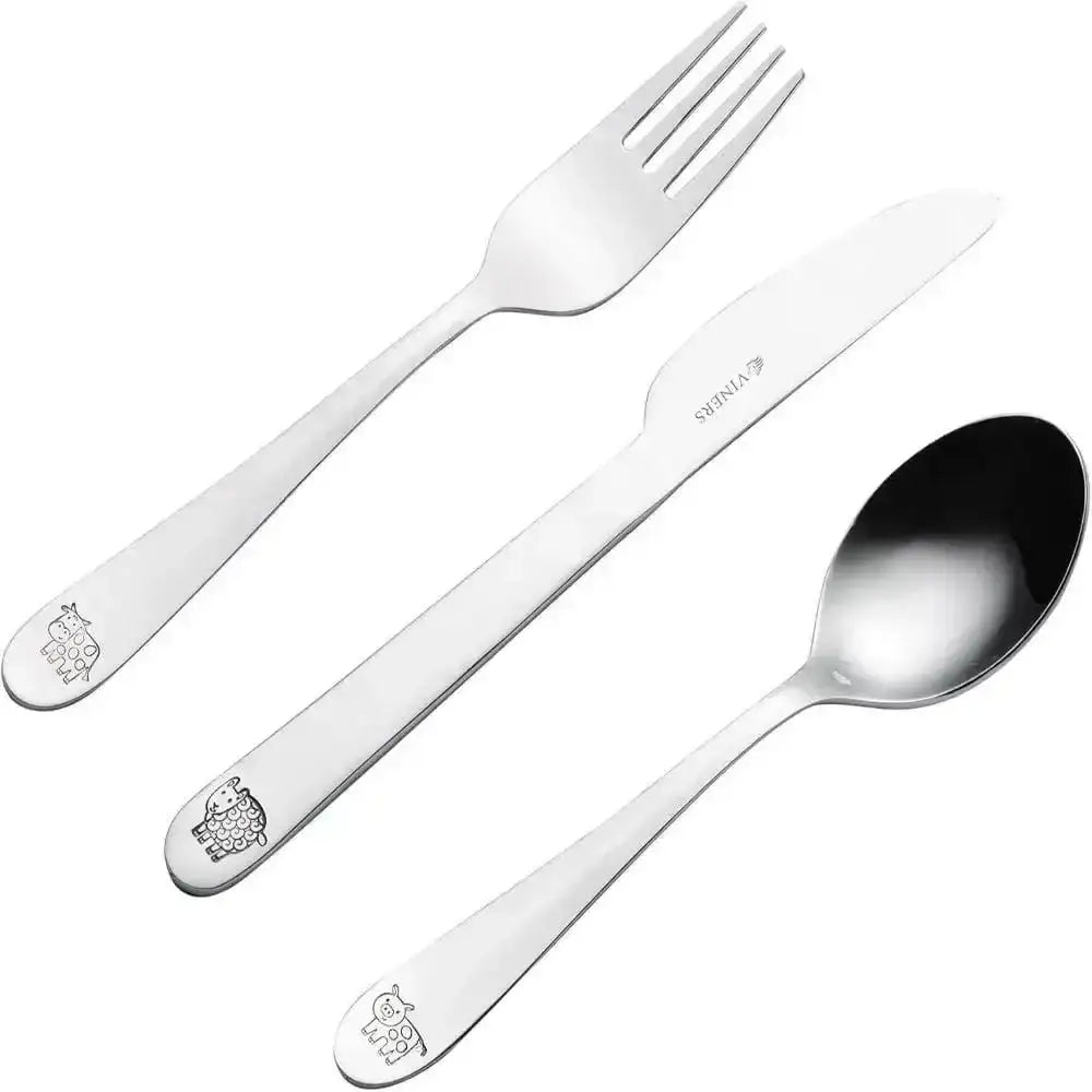 Set of viners kids stainless steel children’s cutlery with engraved bear designs on the handles farmyard theme