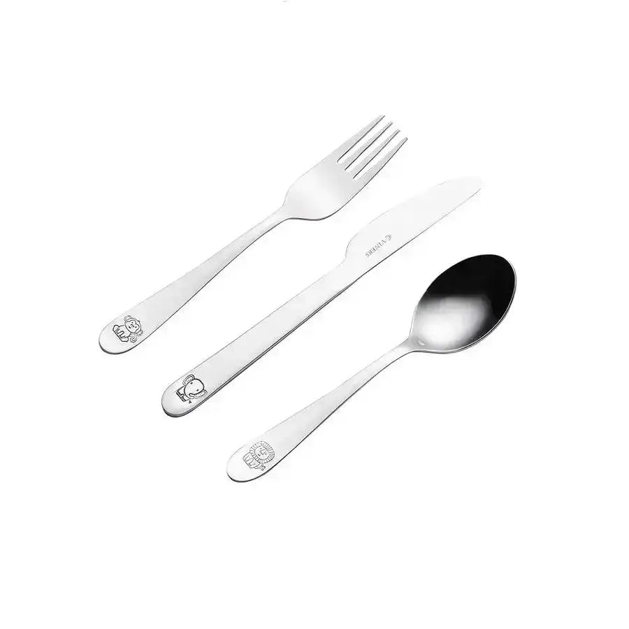 Kids stainless steel cutlery set with safari animal engravings, includes fork, knife, and spoon