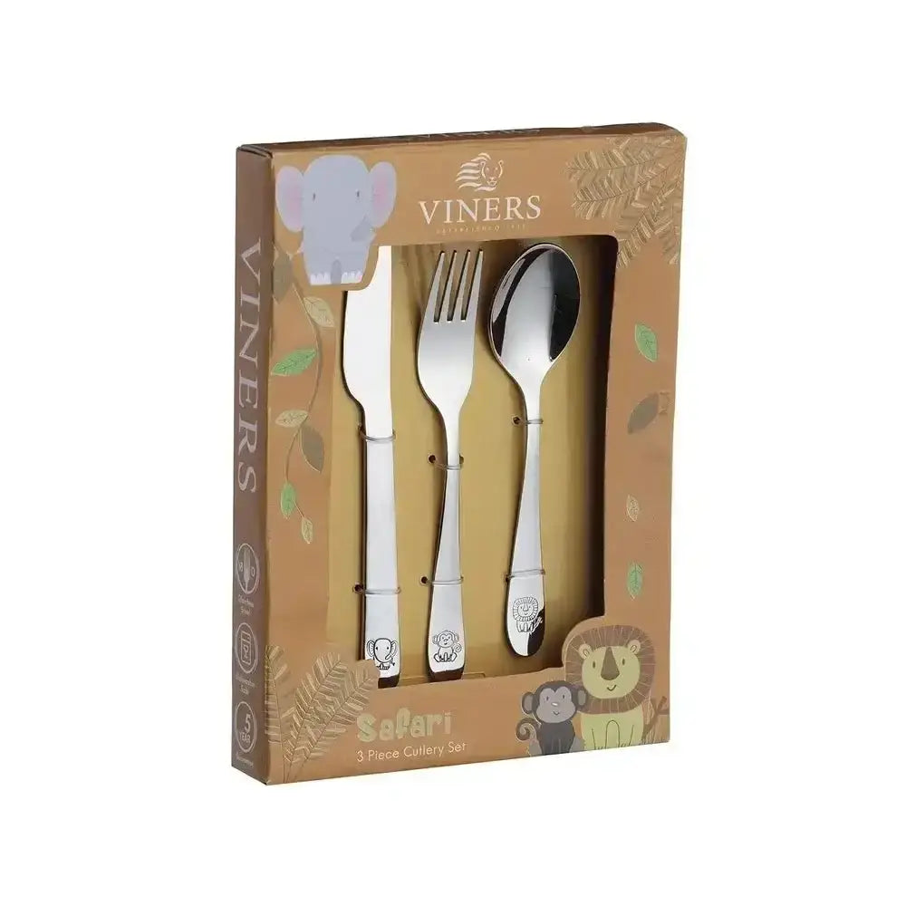 Kids safari animal cutlery set with knife, fork, spoon in brown gift box