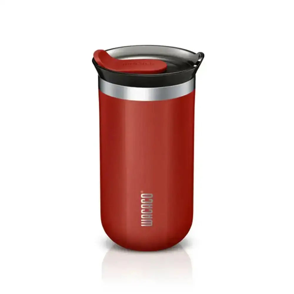 Red thermos with black lid on a white background