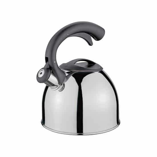Stainless steel whistling stovetop kettle with black handle from Cookin Stores kitchenware