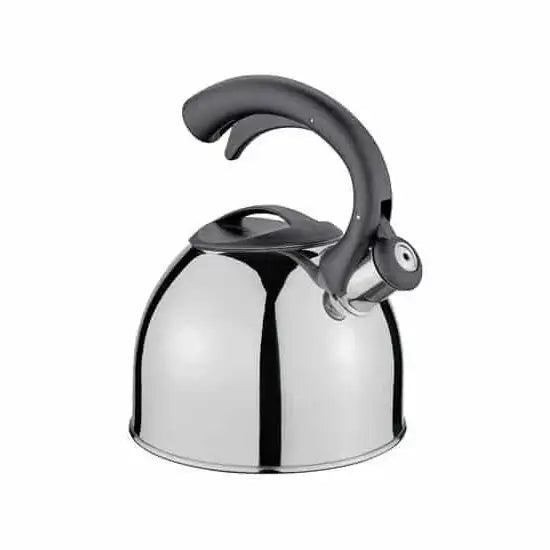 Stainless steel kettle with black handle on a white background