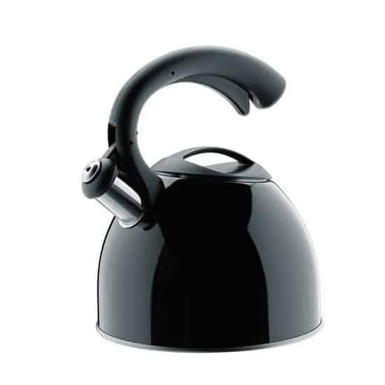 Black whistling stovetop kettle with ergonomic handle, kitchenware at Cookin Stores