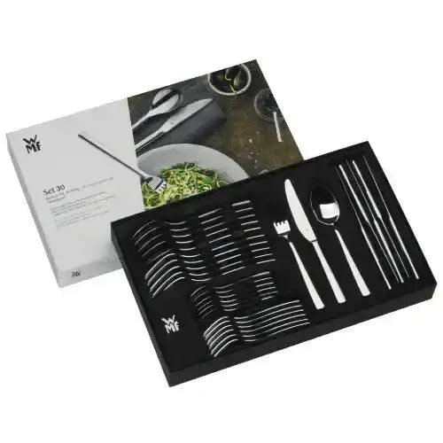 30-piece stainless steel cutlery set displayed in black box with assorted forks, knives, spoons