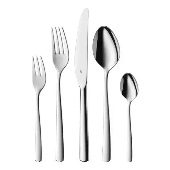 Stainless steel cutlery set with fork, knife, tablespoon, teaspoon, and dessert fork on white background