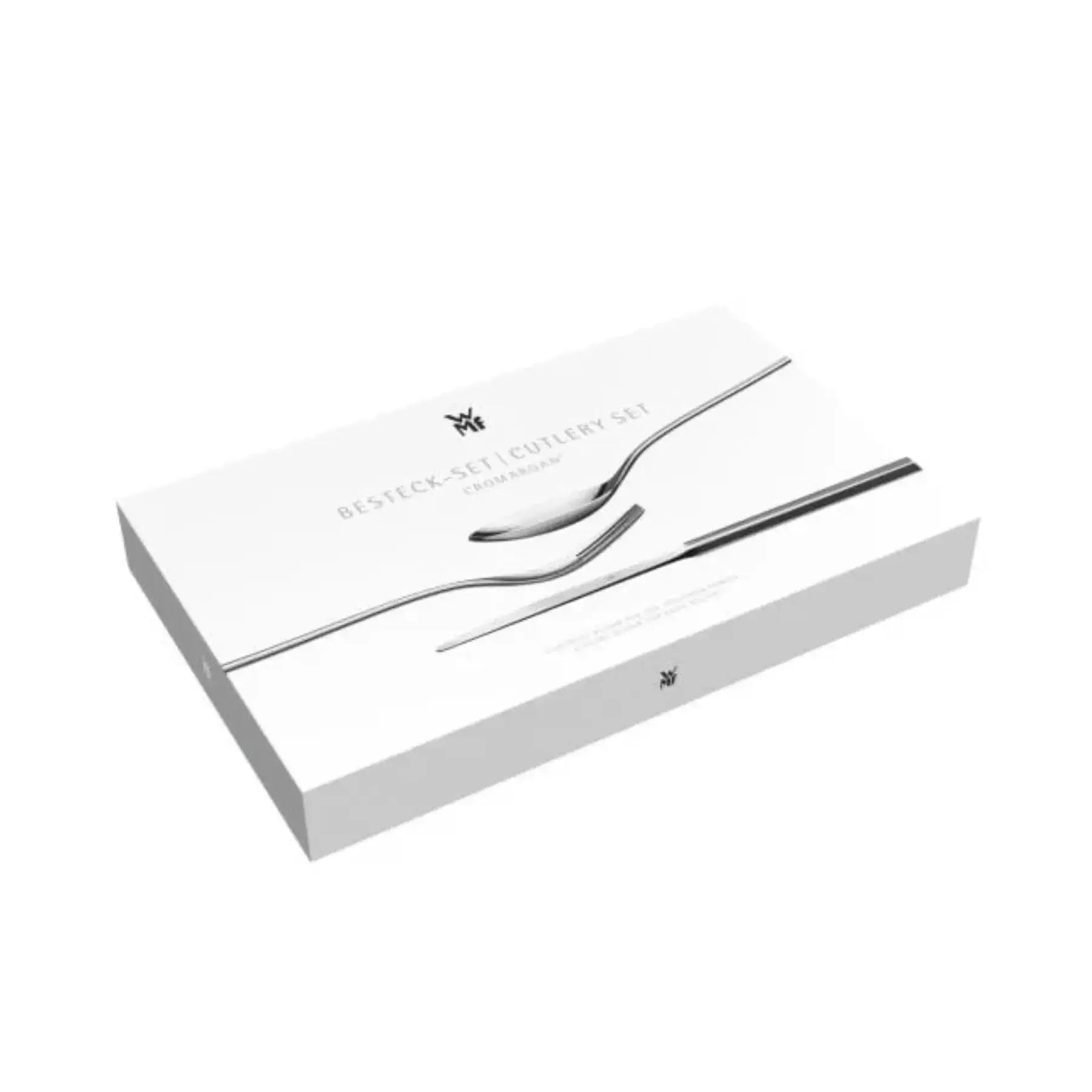 Silver cutlery set with packaging on a white background