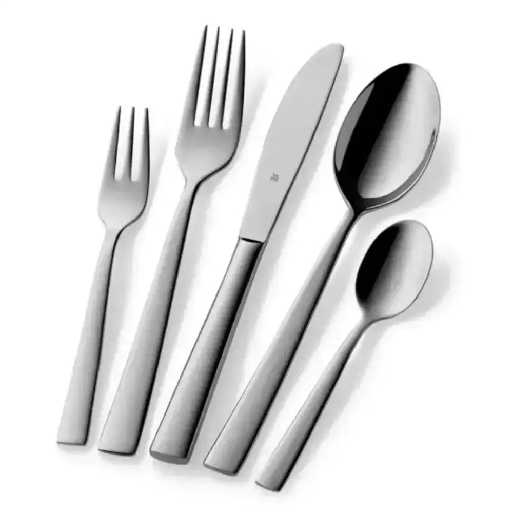 Set of silver cutlery including forks, knife, and spoons on a white background