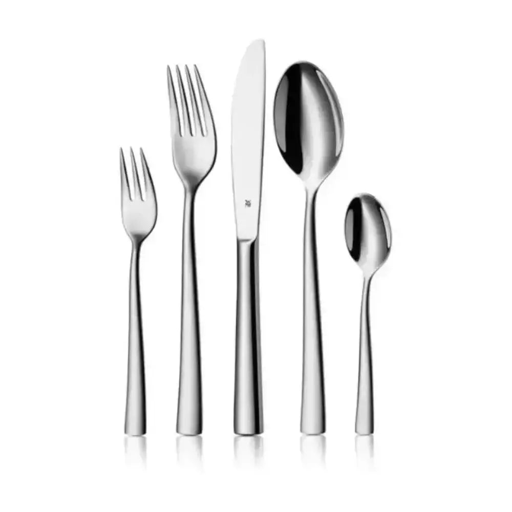 Set of silver cutlery including forks and spoons on a white background