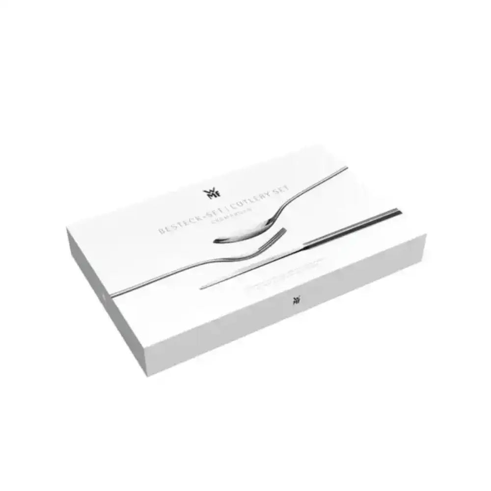 Silver spoon and fork set on a white box with a brand logo.