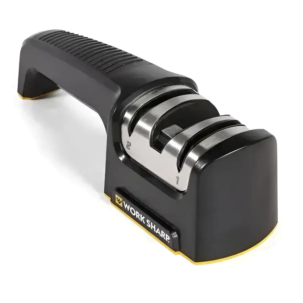 Knife sharpener with black handle and silver blades on a white background