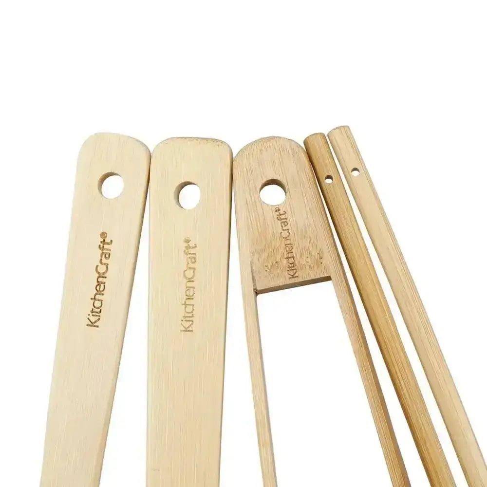 Set of four bamboo kitchen utensils including spatula, scraper, and chopsticks