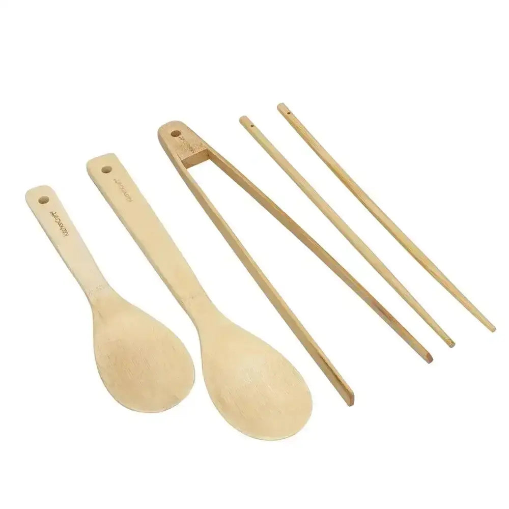 Set of four bamboo kitchen utensils including two spoons, tongs, and chopsticks on white background