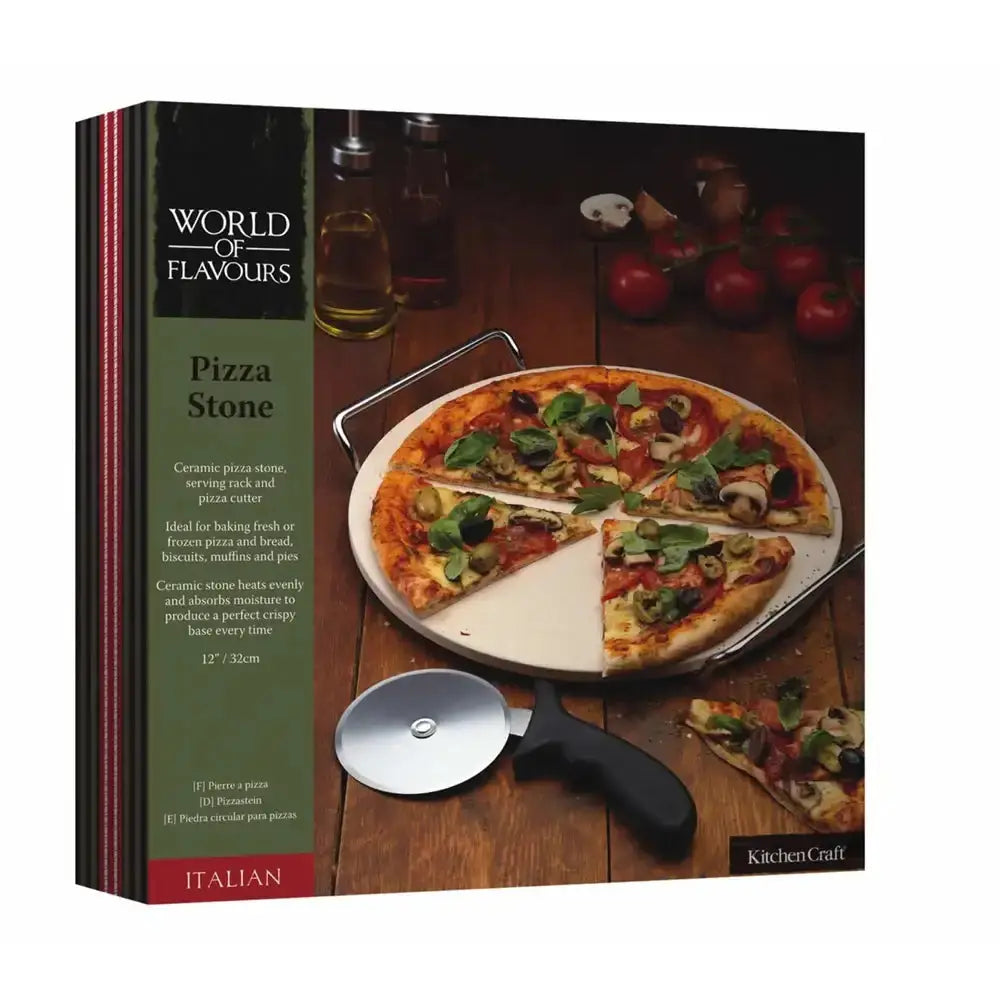 Cream-colored ceramic pizza stone with metal serving rack and matching cutter from world of flavours 32cm set