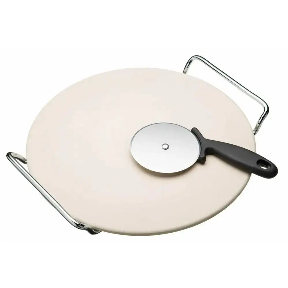 Cream-colored ceramic pizza stone with stainless steel and black plastic-handled pizza cutter from World Of Flavours 32cm set