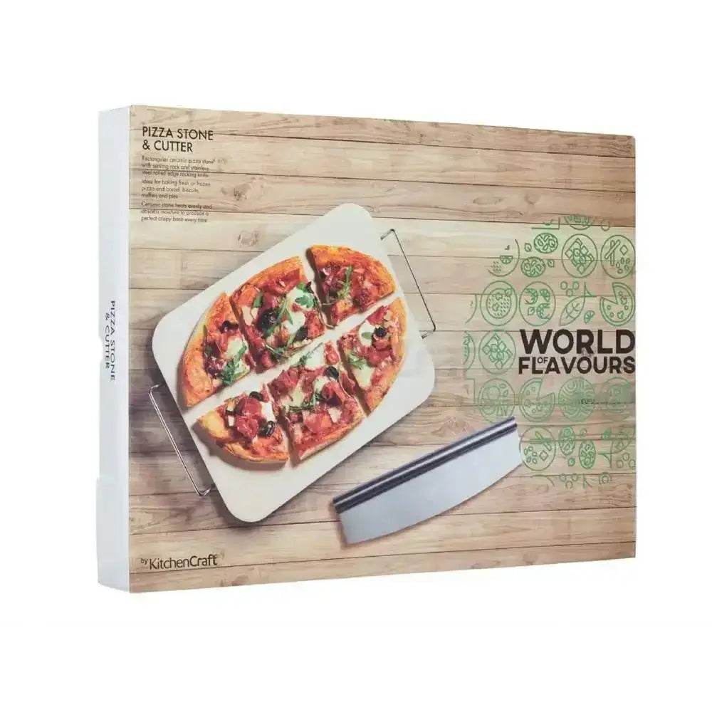 Pizza stone and cutter set packaging with a pizza on a wooden board and 'World Flavours' branding.