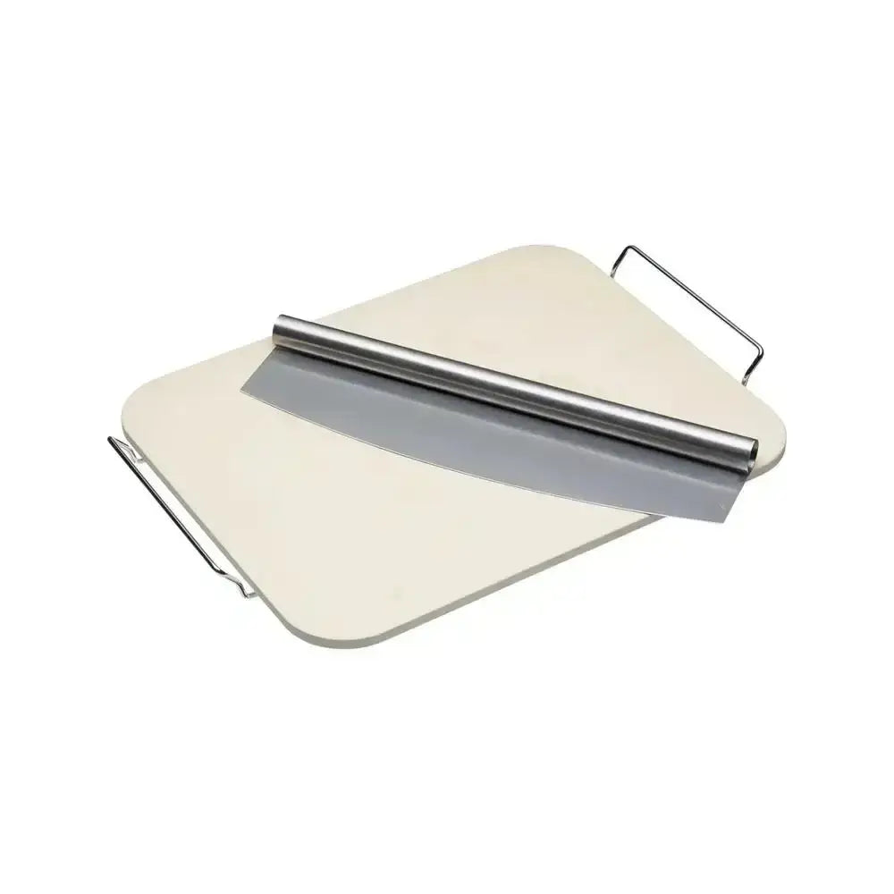 White cutting board with metal handle and blade on a white background
