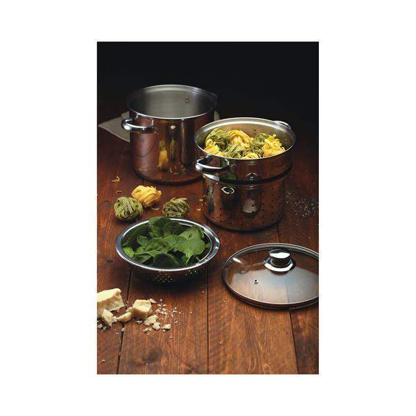 World of Flavours Italian stainless steel double-tiered pasta steamer pot with perforated sides and glass lid 20cm 4L