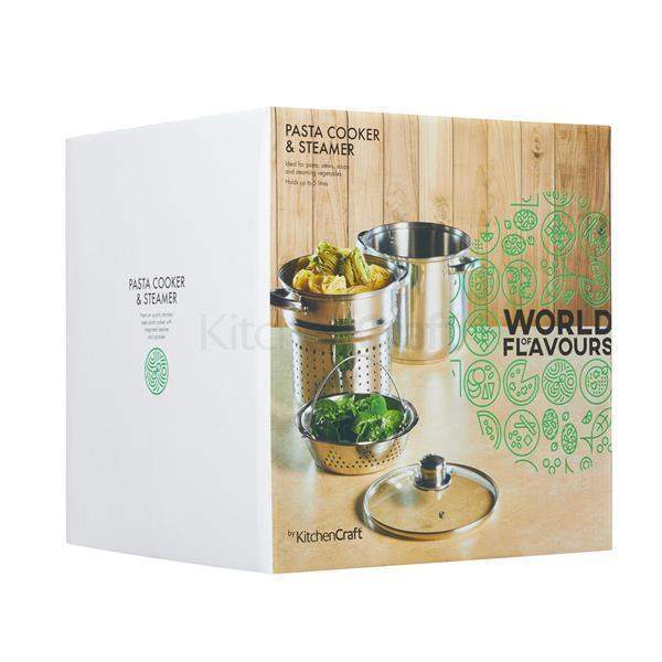 World of Flavours italian stainless steel pasta pot set 20cm 4L with perforated inner basket and sleek metallic finish