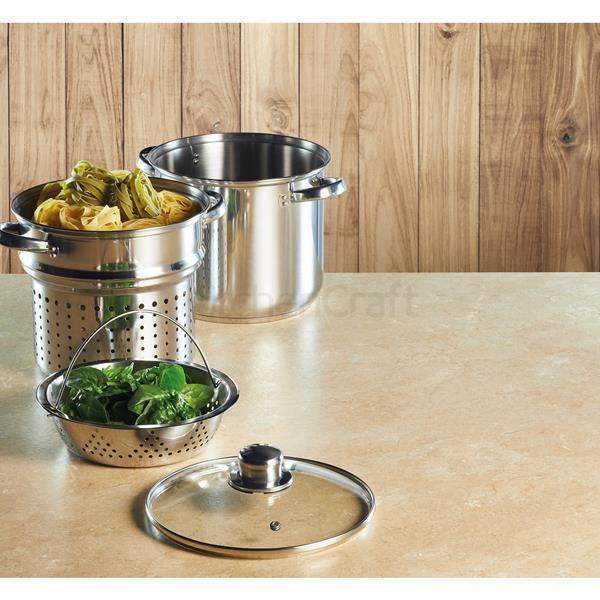 World of Flavours italian stainless steel 20cm pasta pot set with multi-tiered steamer and glass lid in silver