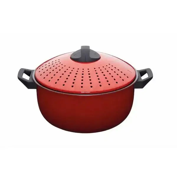Red enameled cast iron world of flavours non-stick pasta pot 26cm with black handles and perforated lid