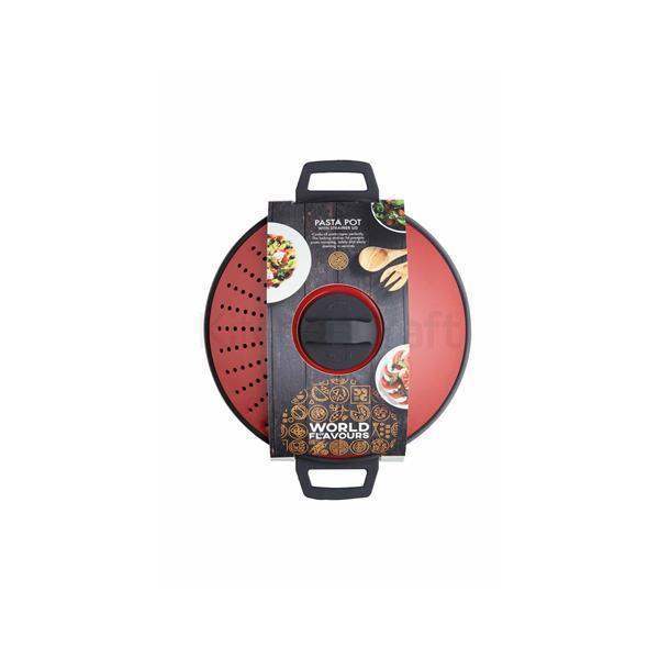 World of flavours non-stick red silicone pasta pot 26cm with matching lid and perforated insert in retail packaging
