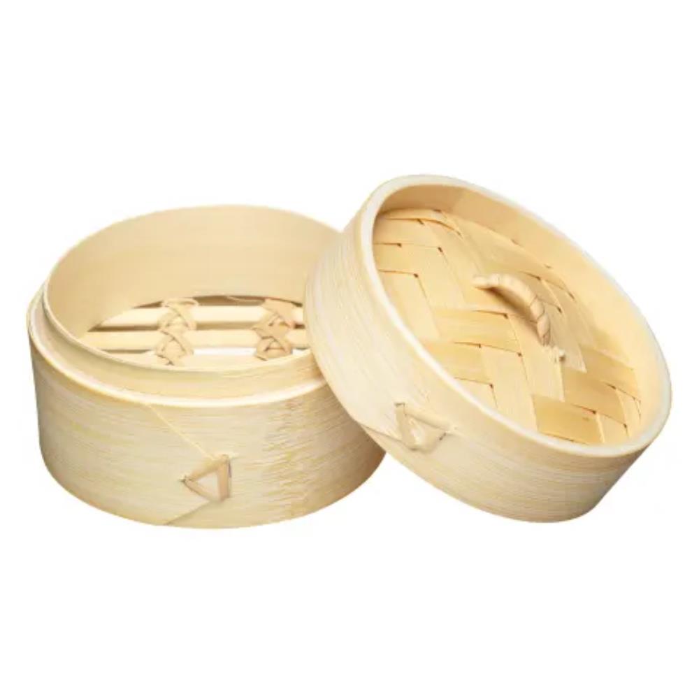 Two bamboo steamers with lids on a white background