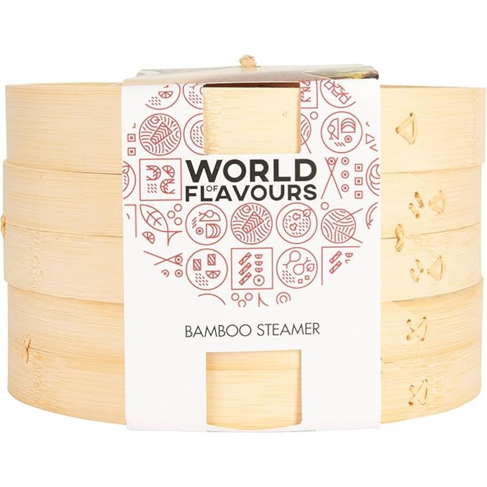 Bamboo steamer with 'World Flavours' packaging on a white background