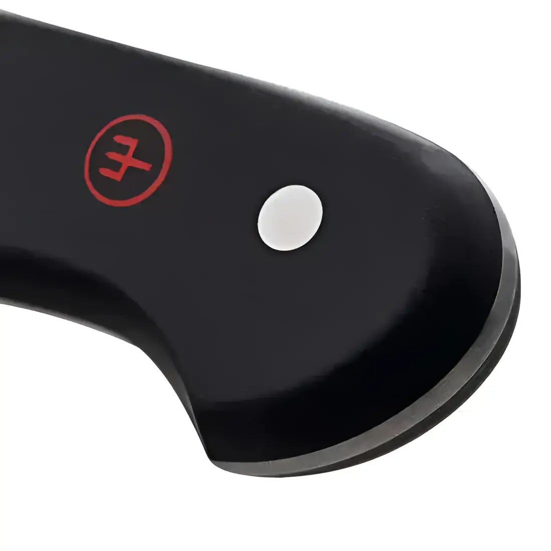Close-up of a black axe handle with a red logo on a white background