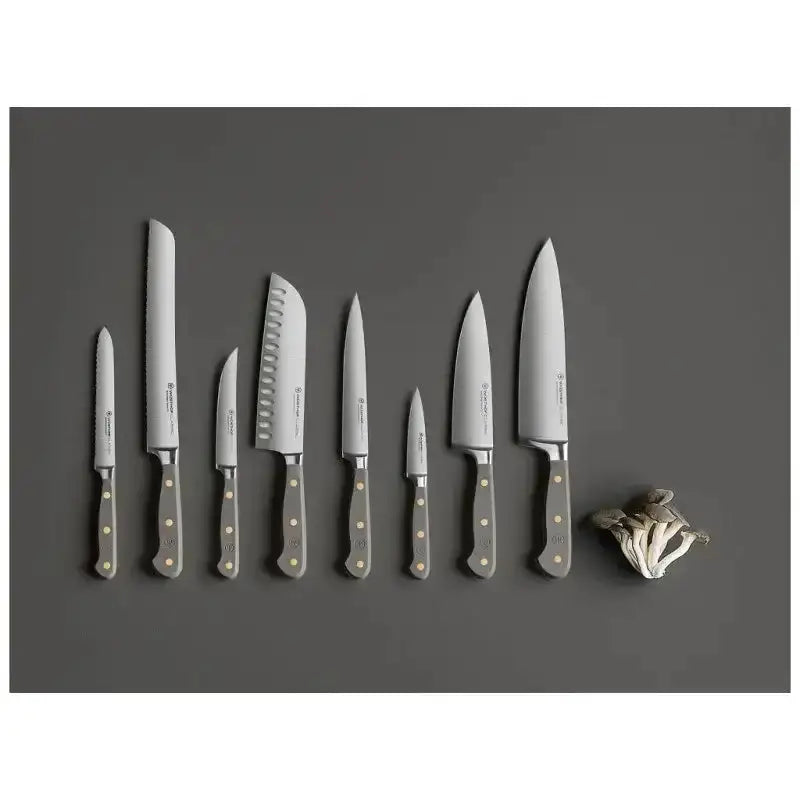 Set of kitchen knives with wooden handles on a dark gray background