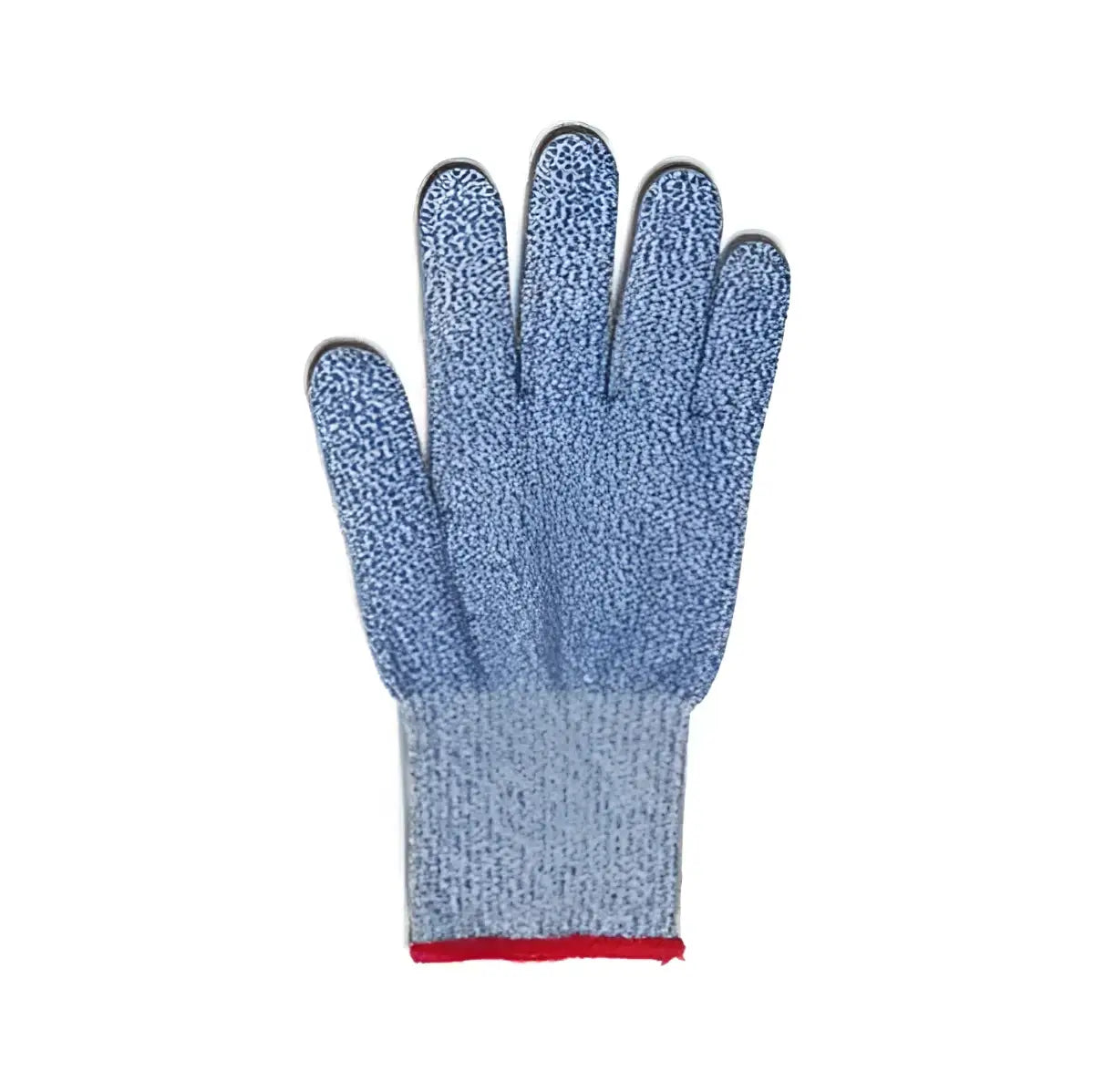 Blue textured glove with red trim on a white background