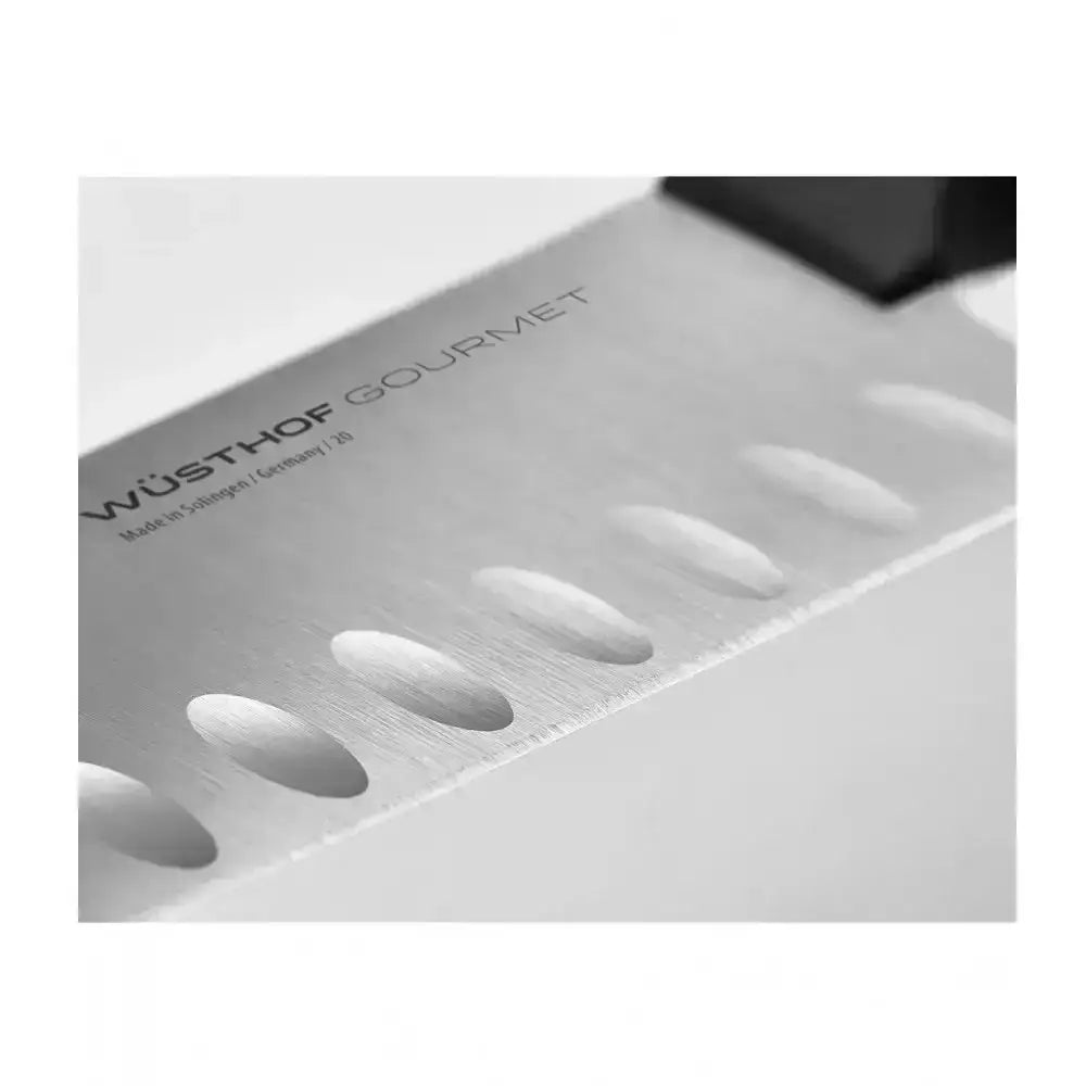 Close-up of a Wösthof Gourmet knife blade on a white background